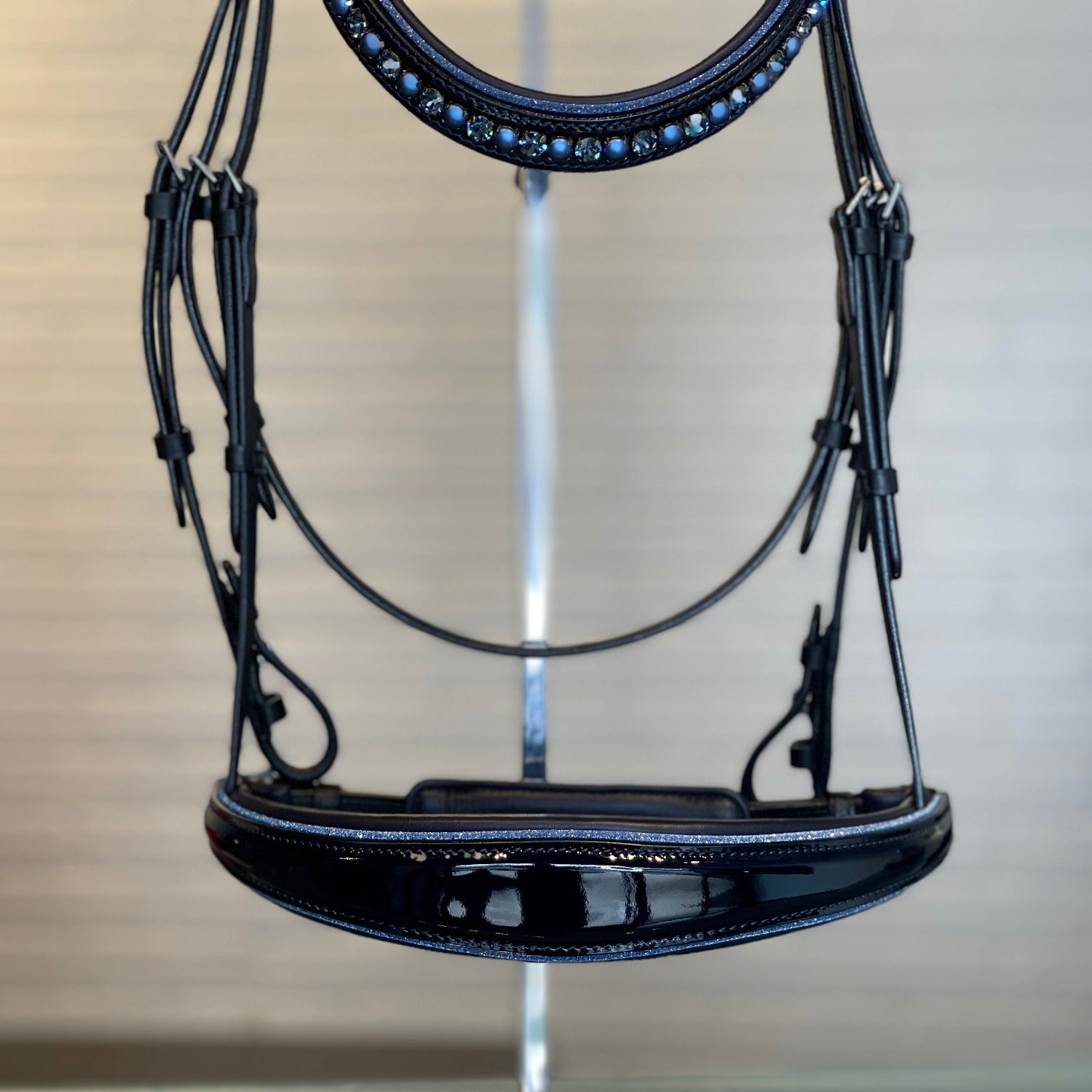 Premium Navy Patent Leather Snaffle Bridle With Removable Flash For Dressage Riding