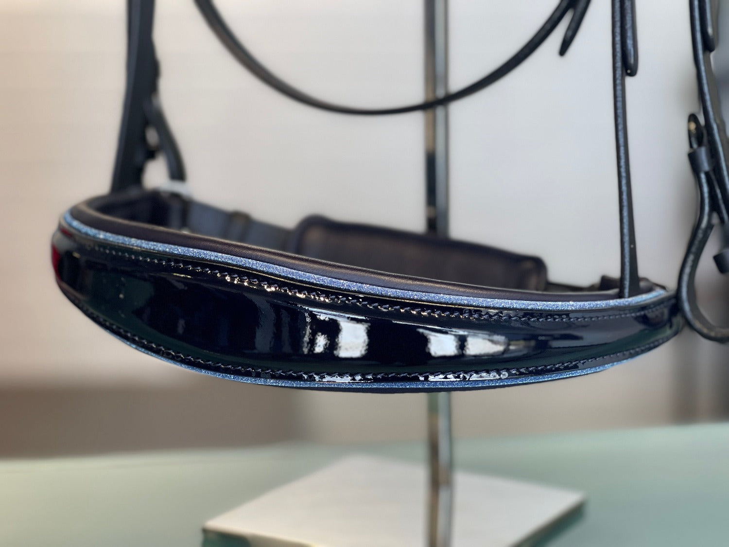 Premium Navy Patent Leather Snaffle Bridle With Removable Flash For Dressage Riding