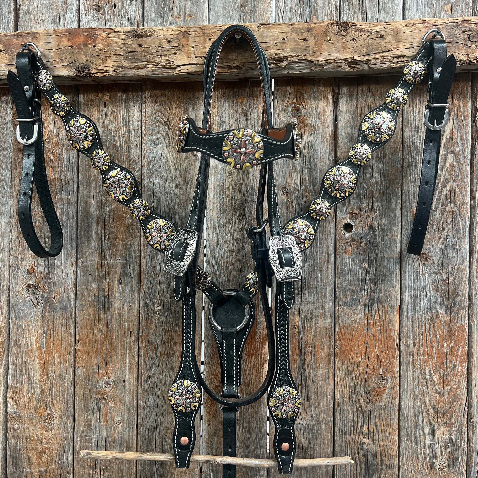 Black Basketweave Copper - Antique Silver Browband Tack Set  