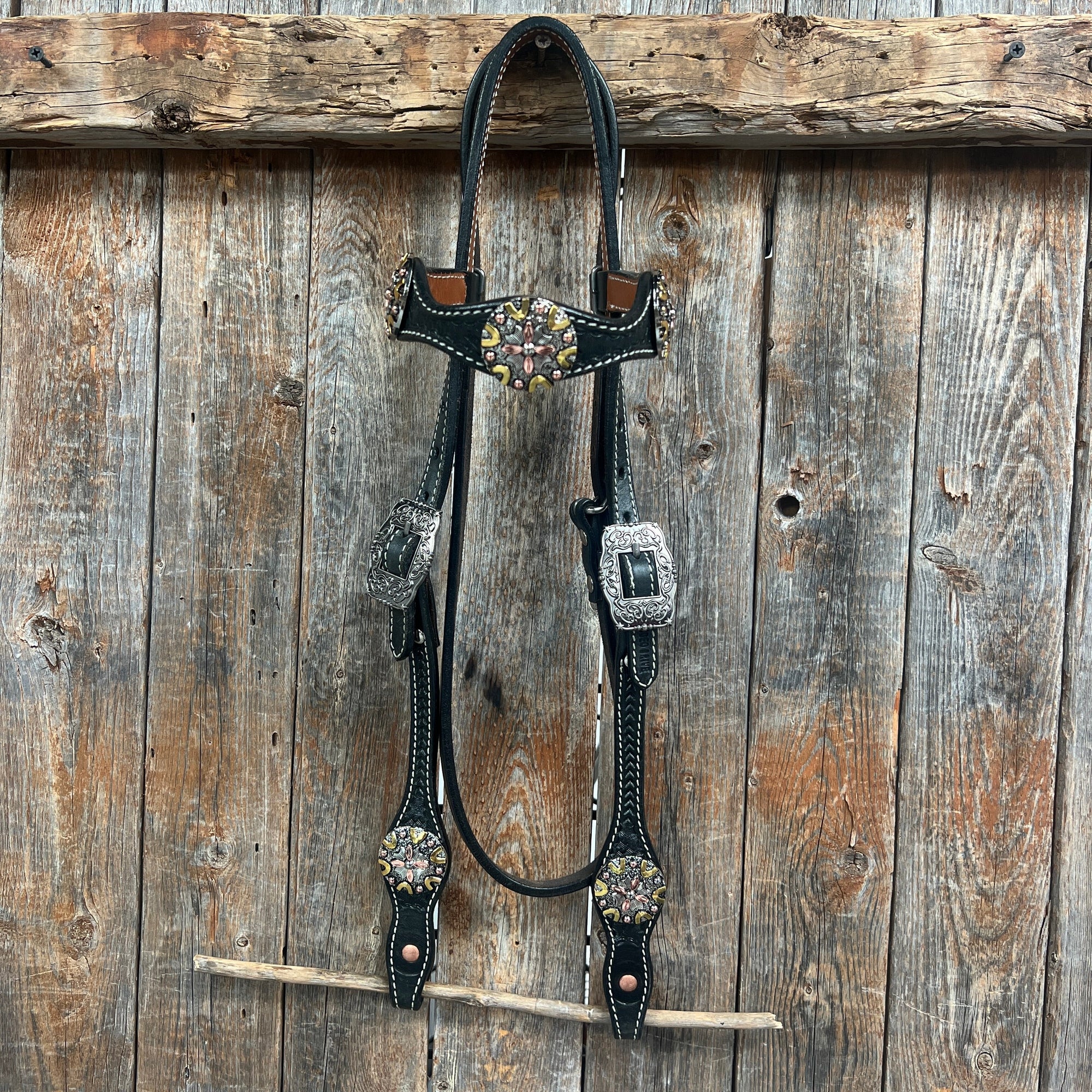 Black Basketweave Copper - Antique Silver Browband Tack Set  