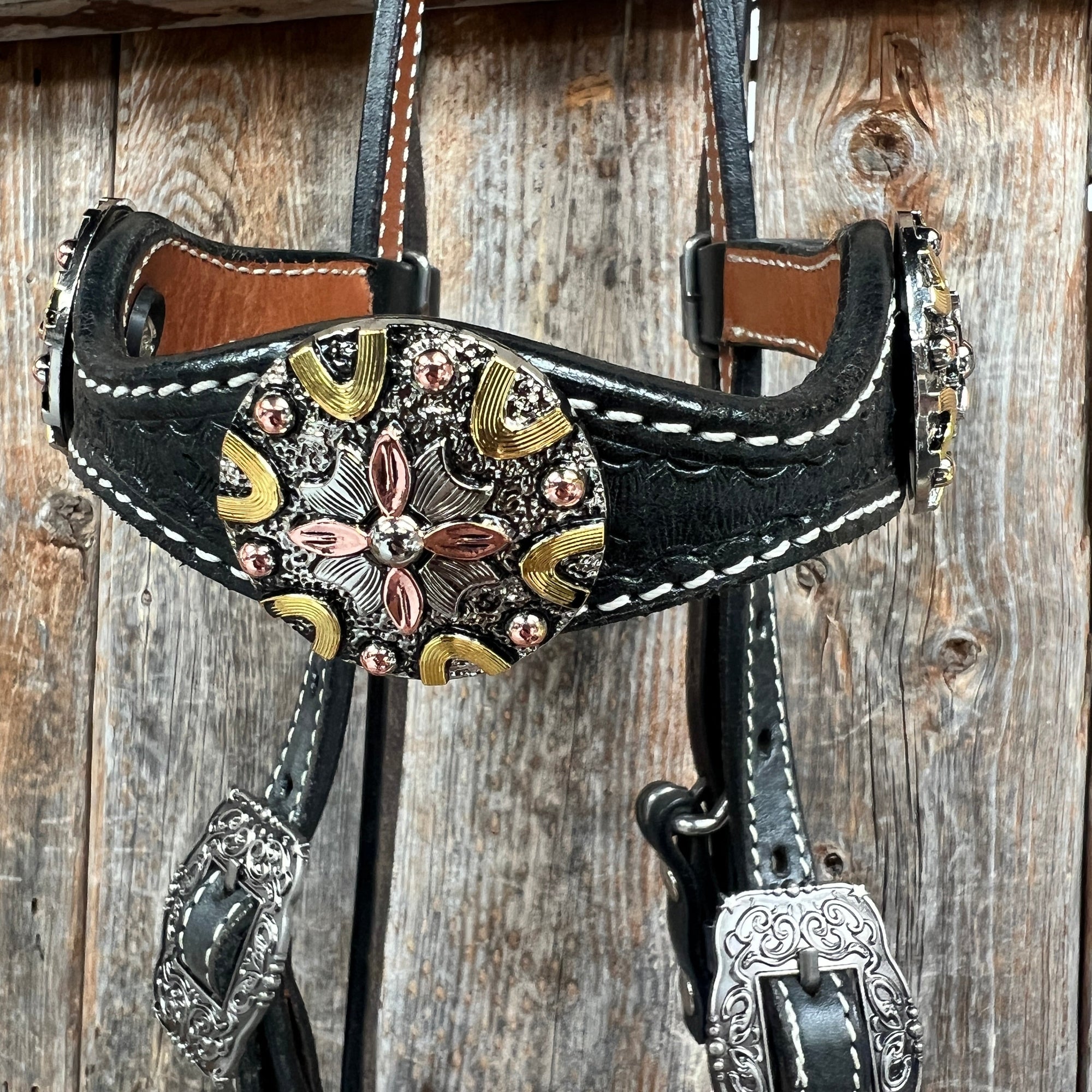 Black Basketweave Copper - Antique Silver Browband Tack Set  