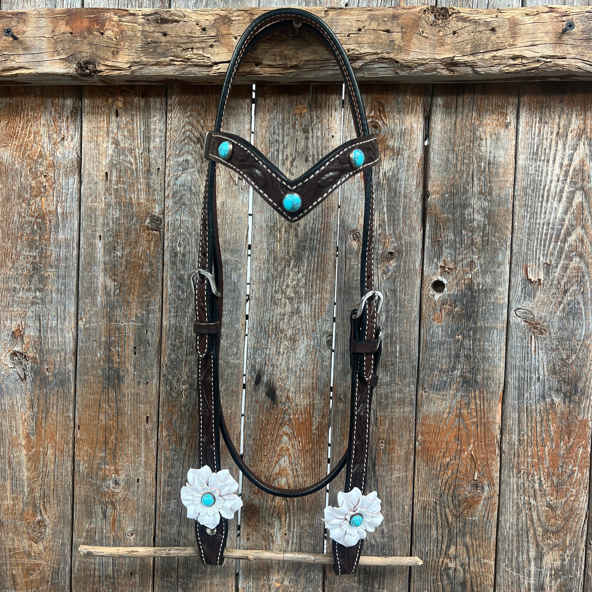 Dark Oil Floral Turquoise Cabochon Browband / Breastcollar Tack Set  