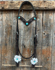 Dark Oil Floral Turquoise Cabochon Browband / Breastcollar Tack Set  