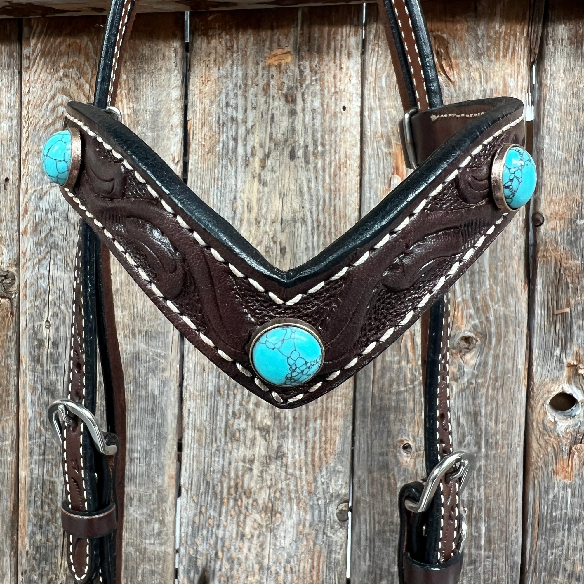 Dark Oil Floral Turquoise Cabochon Browband / Breastcollar Tack Set  