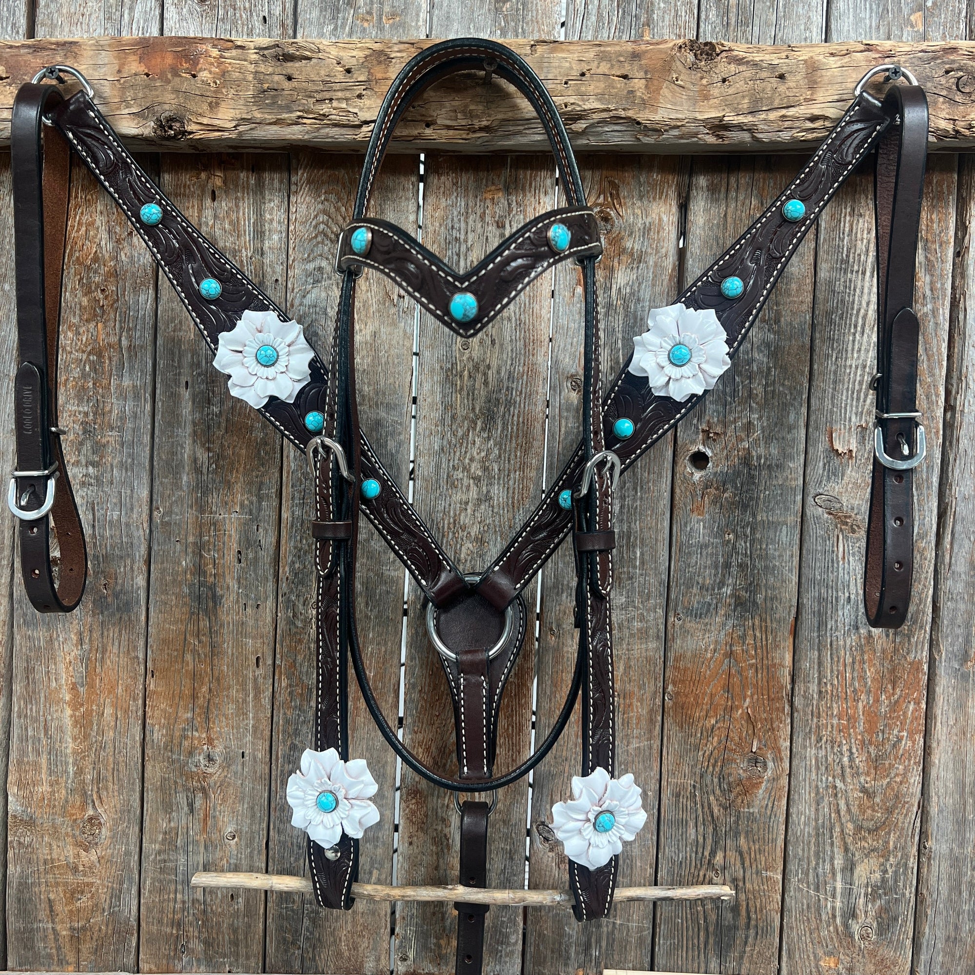 Dark Oil Floral Turquoise Cabochon Browband / Breastcollar Tack Set  