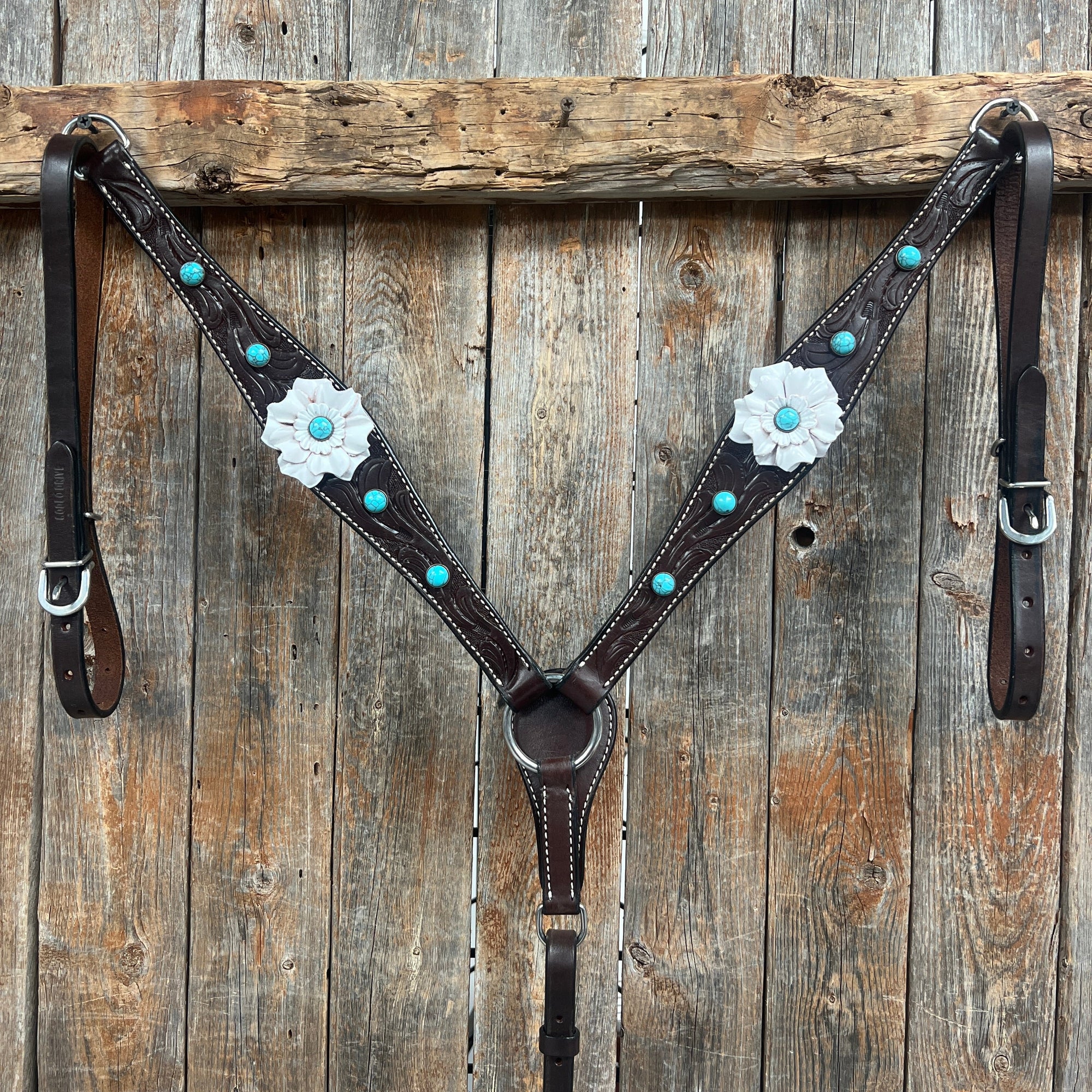 Dark Oil Floral Turquoise Cabochon Browband / Breastcollar Tack Set  