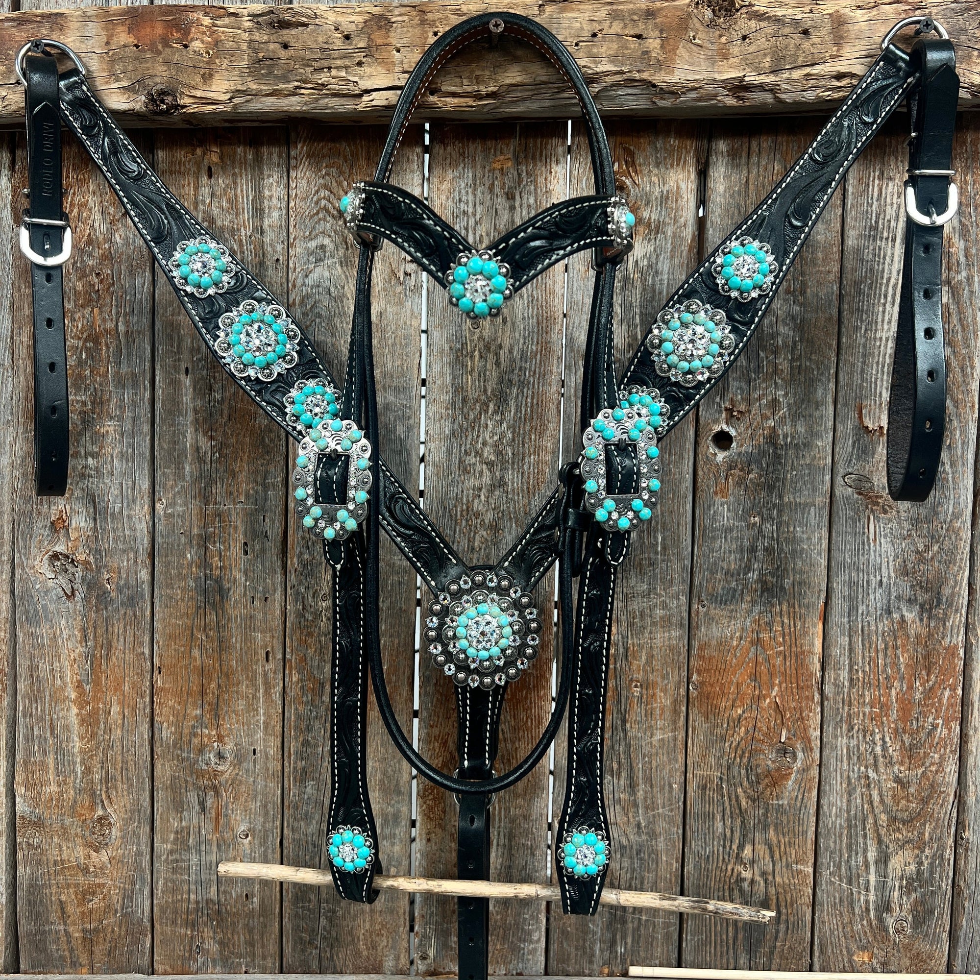 Black Floral Turquoise - Clear Browband / Breastcollar Tack Set  