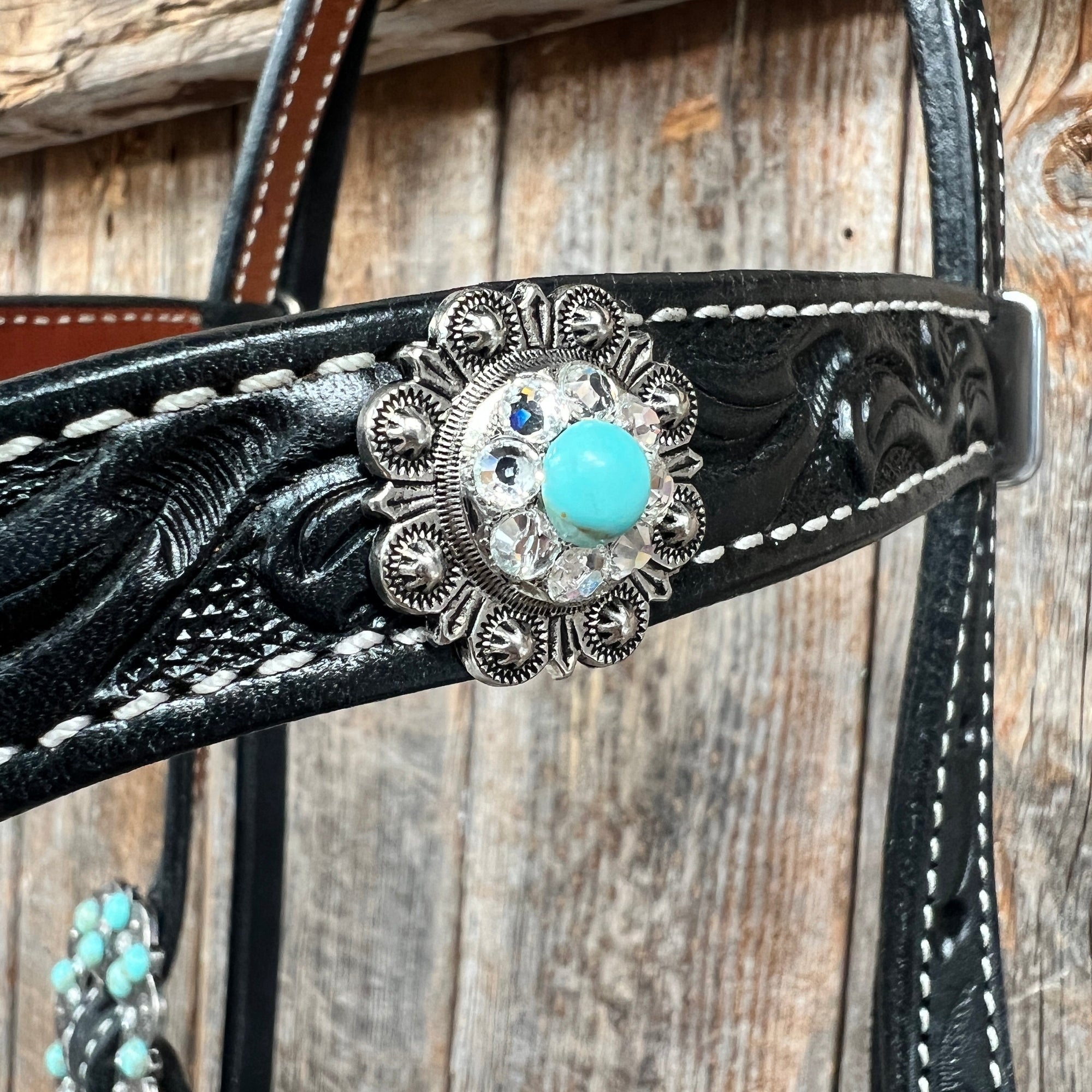 Black Floral Turquoise - Clear Browband / Breastcollar Tack Set  
