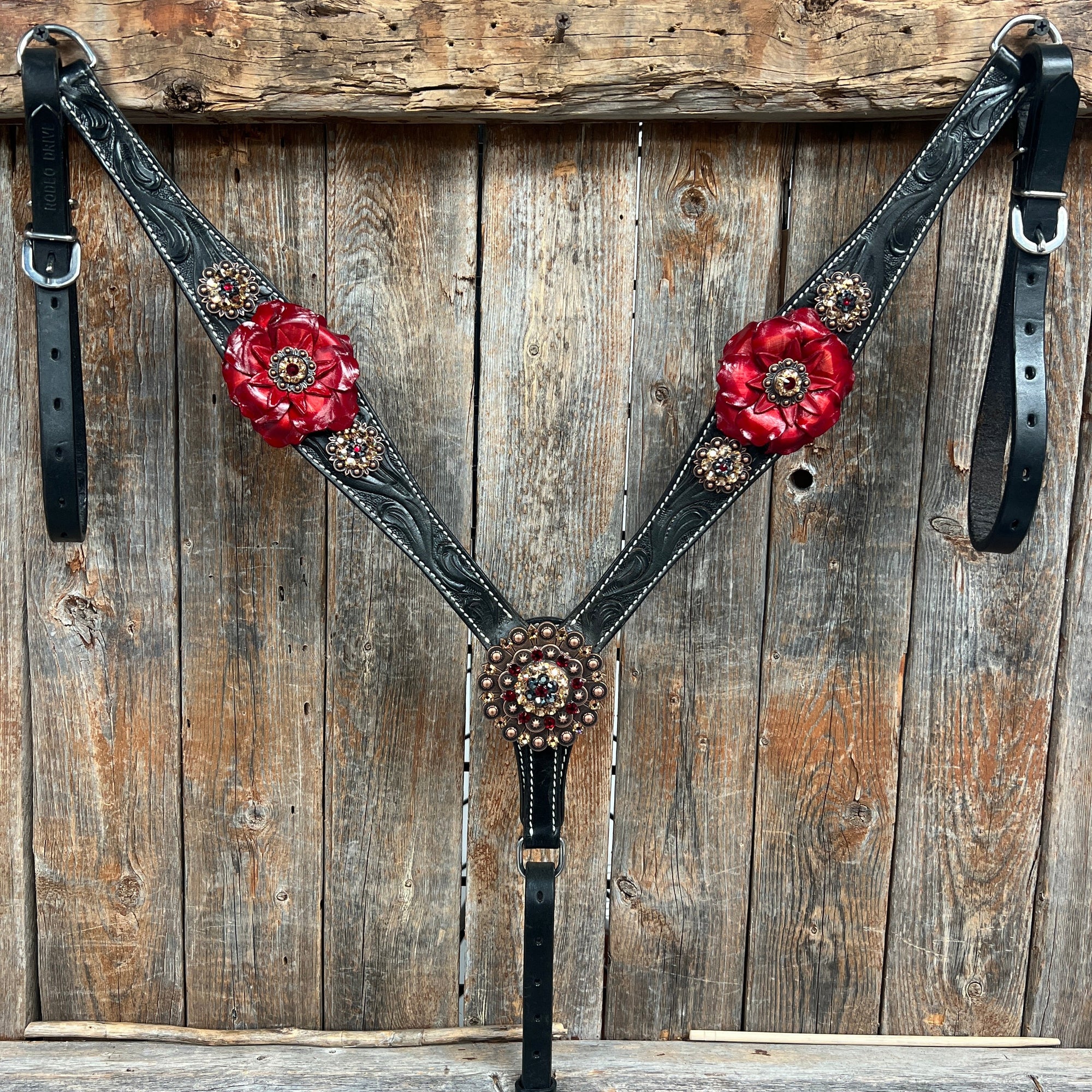 Black Floral Ruby - Champagne Browband / Breastcollar Tack Set  