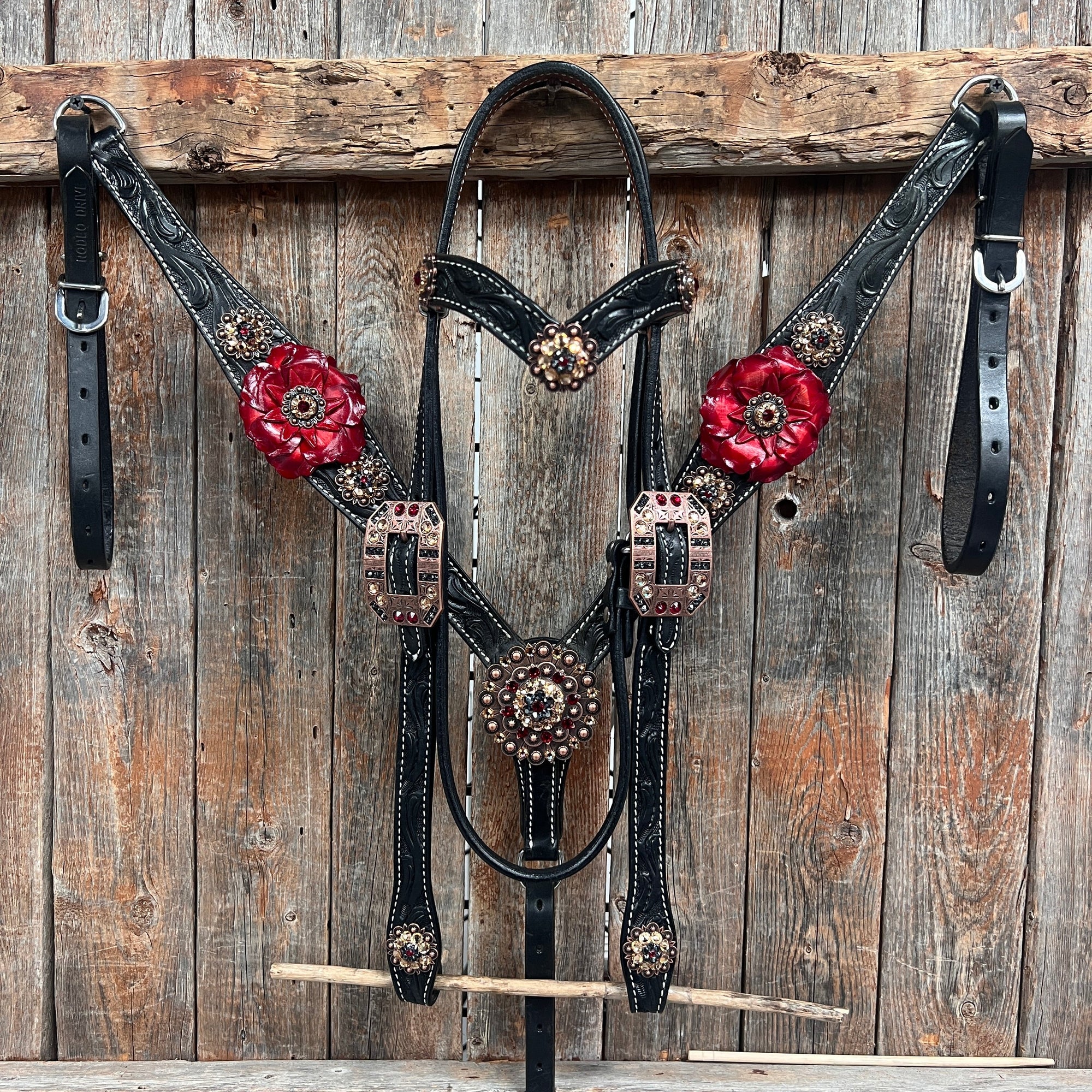 Black Floral Ruby - Champagne Browband / Breastcollar Tack Set  