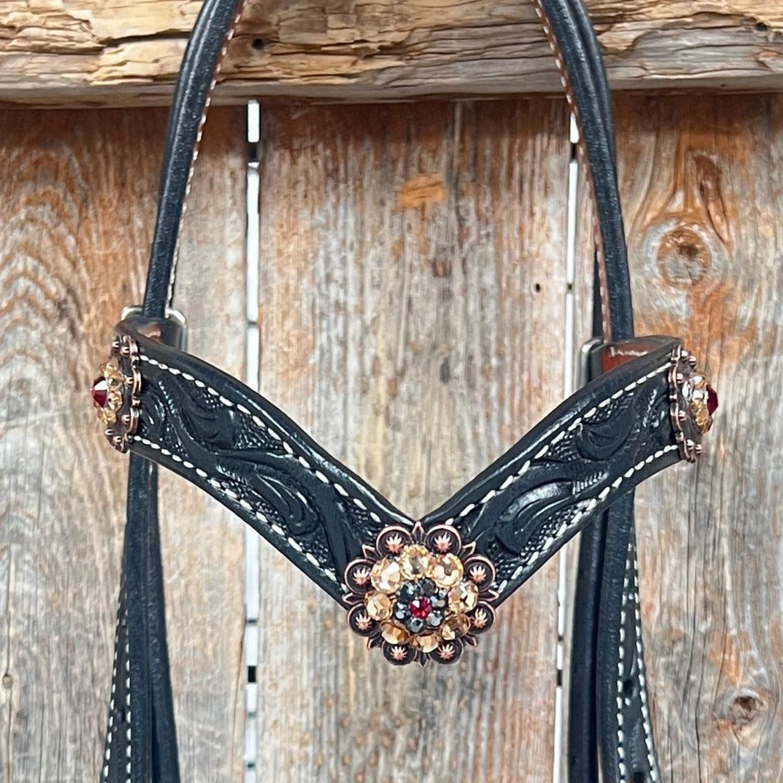 Black Floral Ruby - Champagne Browband / Breastcollar Tack Set  
