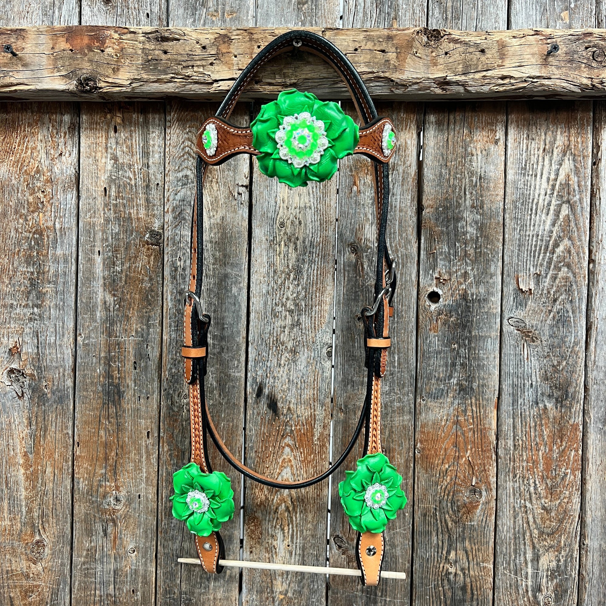 Light Oil Basketweave Neon Green - AB Browband/One Ear Tack Set  