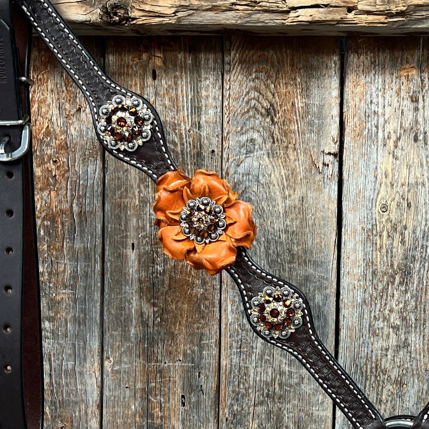 Dark Oil Basketweave Champagne - Topaz Browband/One Ear Tack Set  