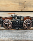 Leather Dog Collar With Black Fleur De Lis Conchos 12" to 22" W241 -DC73