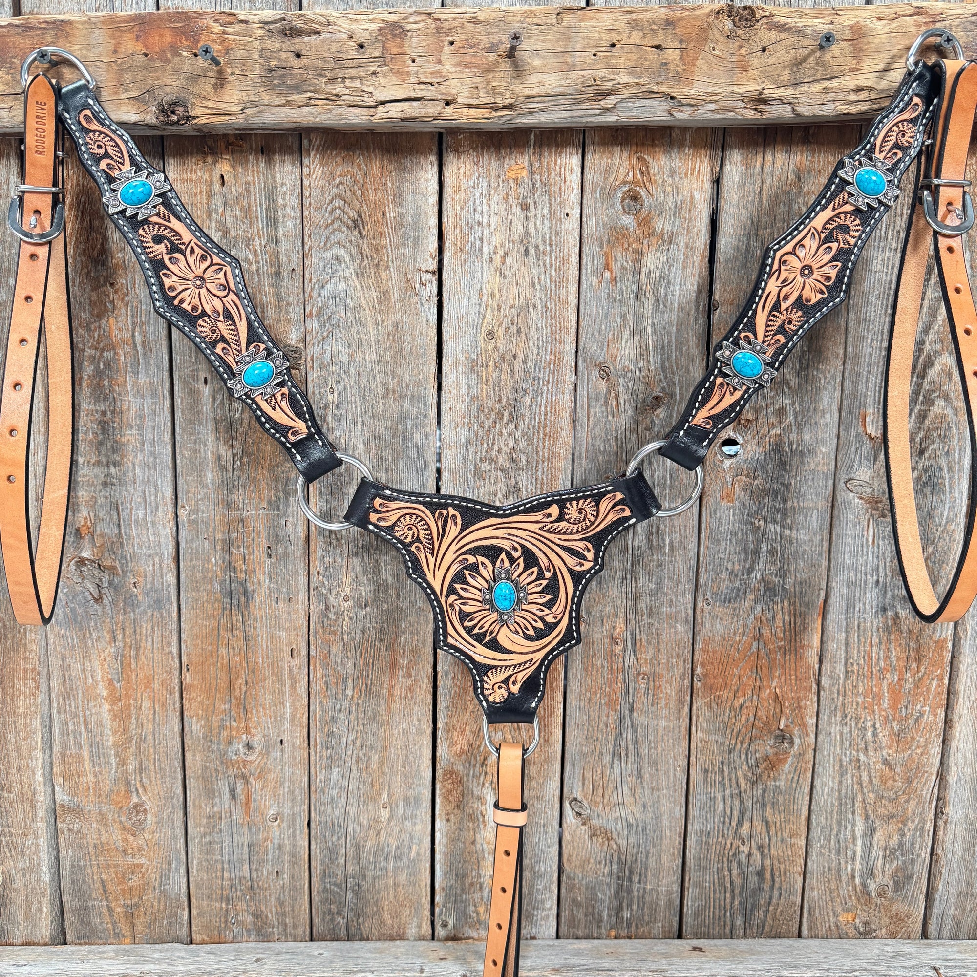 Two Tone Floral Triangle Antique Silver Turquoise Browband/One Ear - Triangle/Gladiator Breastcollar Tack Set 
