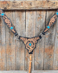 Two Tone Floral Triangle Antique Silver Turquoise Browband/One Ear - Triangle/Gladiator Breastcollar Tack Set 