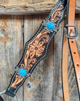 Two Tone Floral Triangle Antique Silver Turquoise Browband/One Ear - Triangle/Gladiator Breastcollar Tack Set 