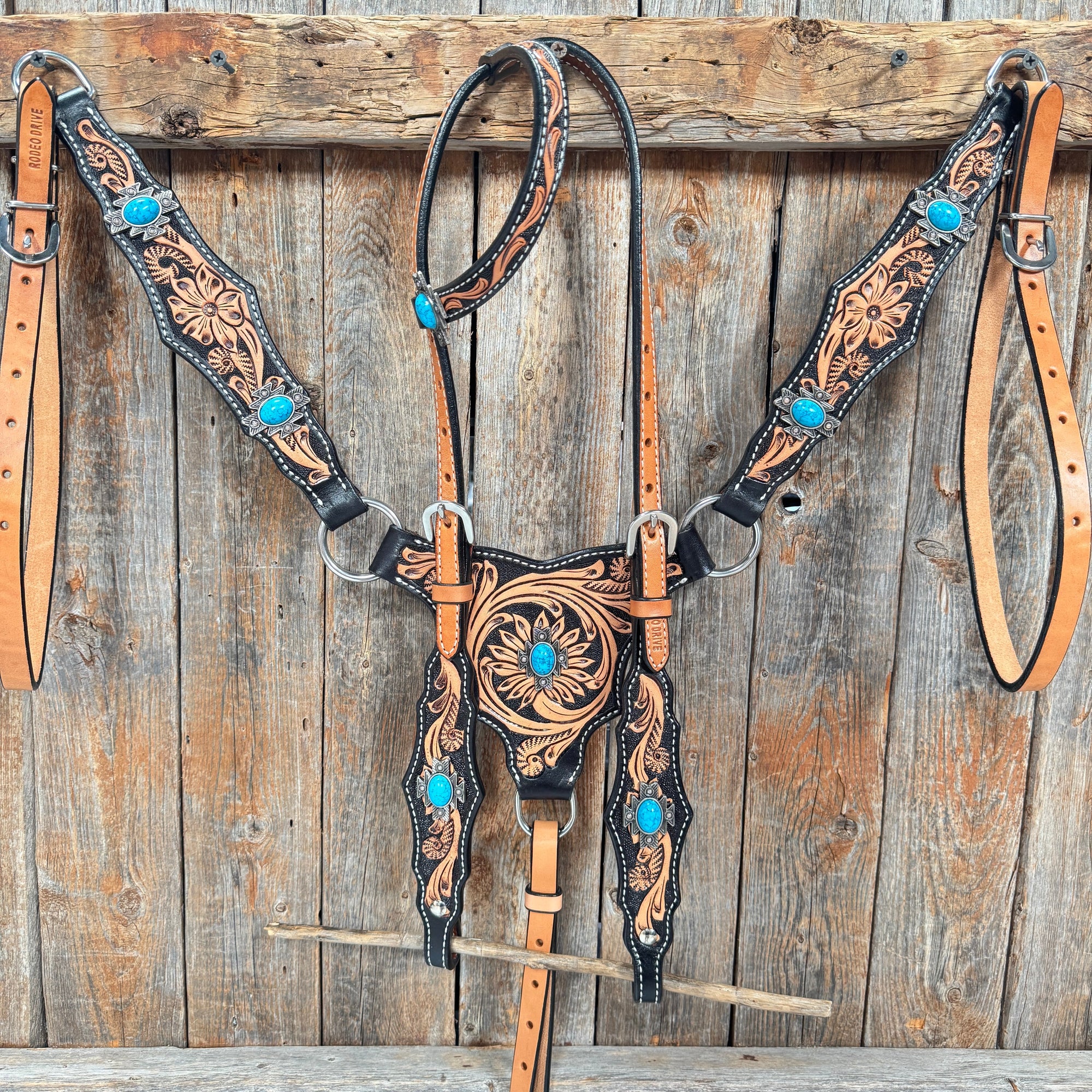 Two Tone Floral Triangle Antique Silver Turquoise Browband/One Ear - Triangle/Gladiator Breastcollar Tack Set 