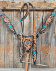 Two Tone Floral Triangle Antique Silver Turquoise Browband/One Ear - Triangle/Gladiator Breastcollar Tack Set 