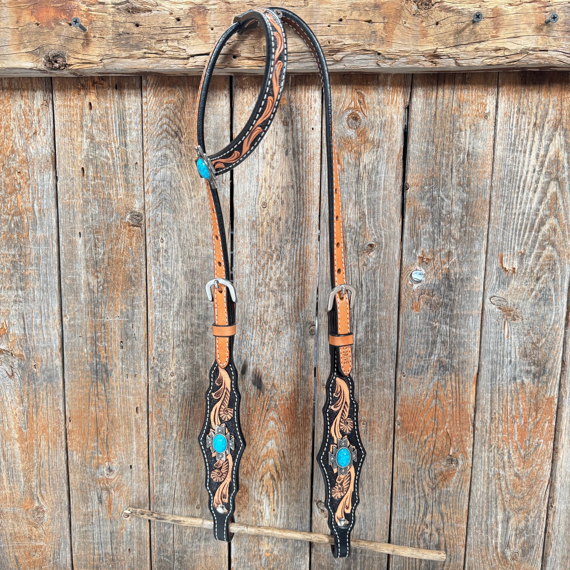 Two Tone Floral Triangle Antique Silver Turquoise Browband/One Ear - Triangle/Gladiator Breastcollar Tack Set 