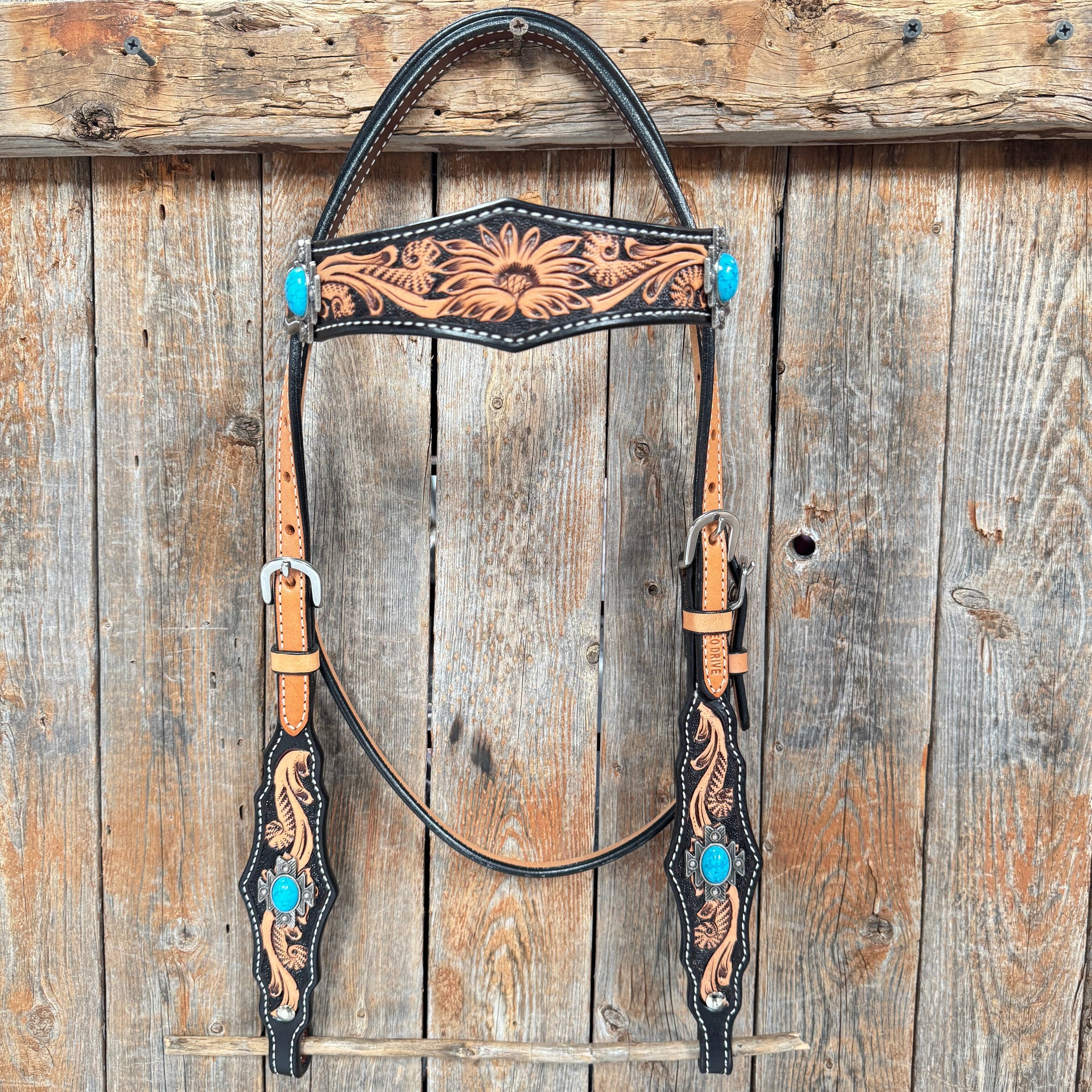 Two Tone Floral Triangle Antique Silver Turquoise Browband/One Ear - Triangle/Gladiator Breastcollar Tack Set 