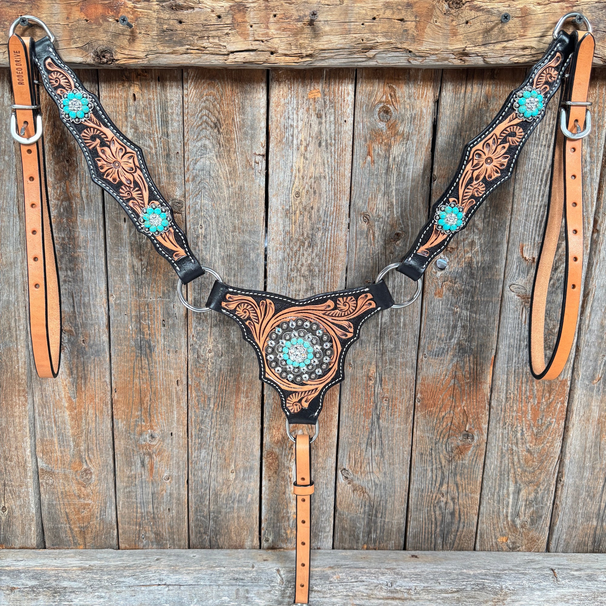 Two Tone Floral Triangle Turquoise and Clear Browband/One Ear - Triangle/Gladiator Breastcollar Tack Set 