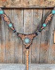 Two Tone Floral Triangle Turquoise and Clear Browband/One Ear - Triangle/Gladiator Breastcollar Tack Set 