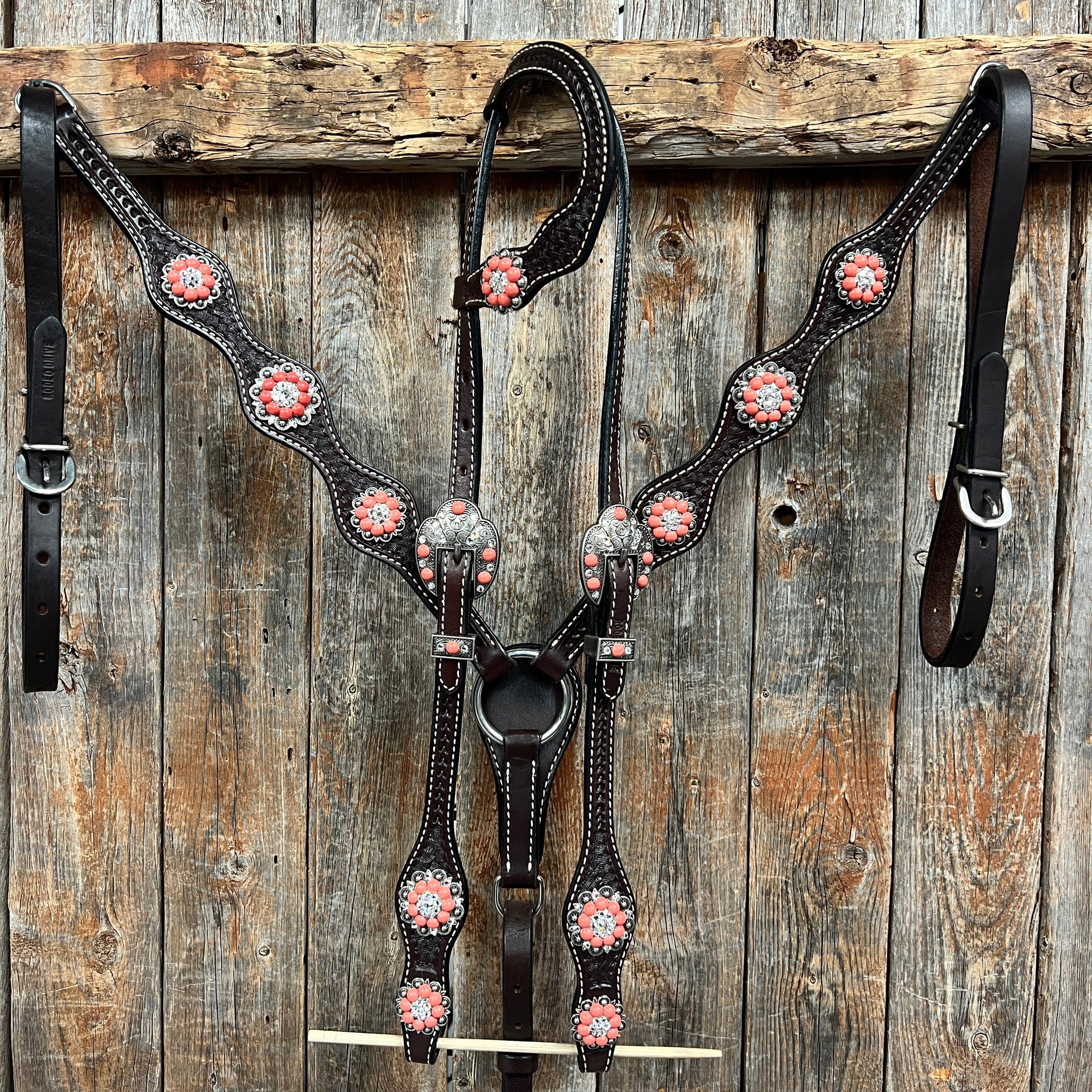 Dark Oil Basketweave Coral - Clear Browband/One Ear Tack Set  