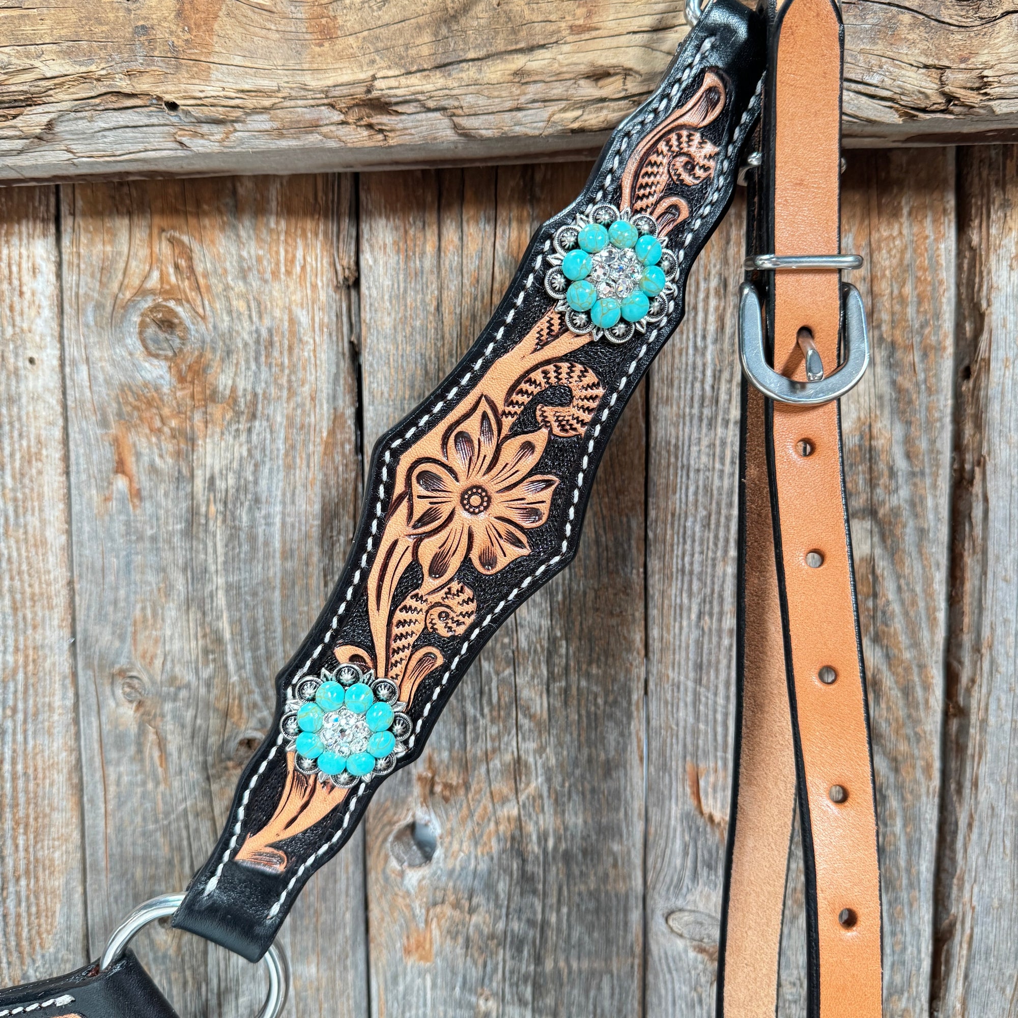 Two Tone Floral Triangle Turquoise and Clear Browband/One Ear - Triangle/Gladiator Breastcollar Tack Set 