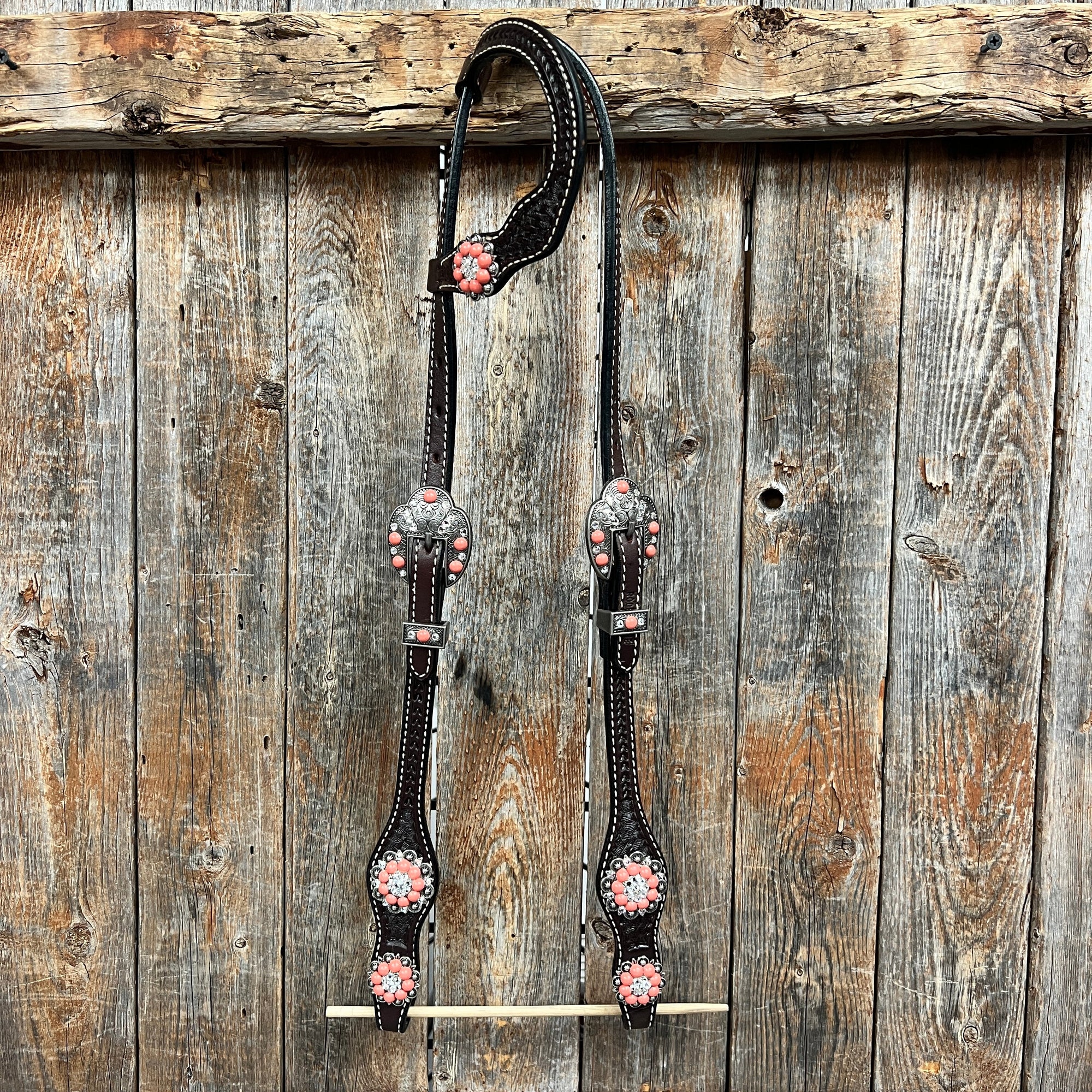 Dark Oil Basketweave Coral - Clear Browband/One Ear Tack Set  