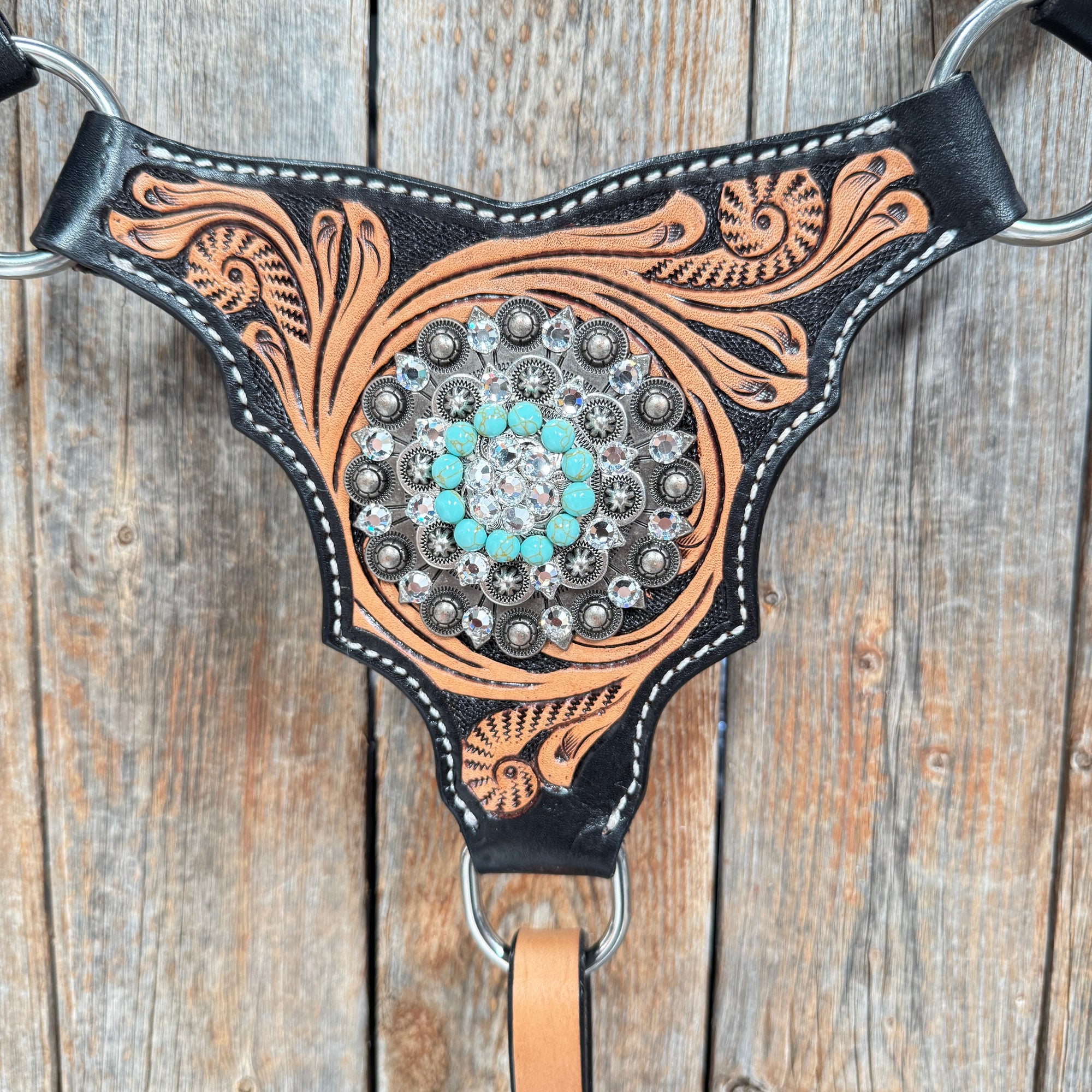 Two Tone Floral Triangle Turquoise and Clear Browband/One Ear - Triangle/Gladiator Breastcollar Tack Set 