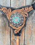 Two Tone Floral Triangle Turquoise and Clear Browband/One Ear - Triangle/Gladiator Breastcollar Tack Set 