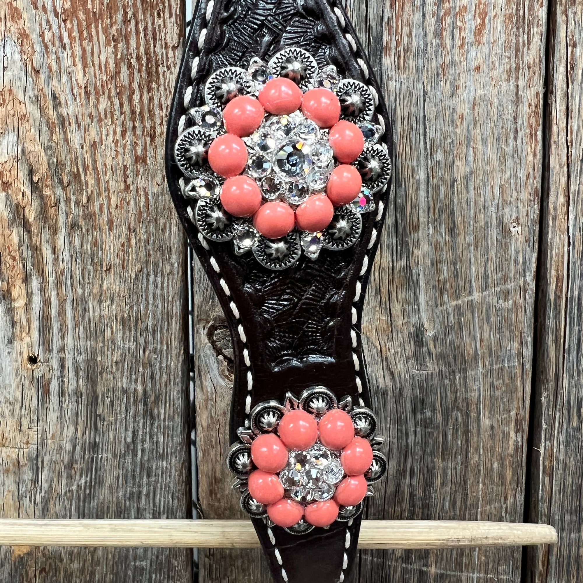 Dark Oil Basketweave Coral - Clear Browband/One Ear Tack Set  