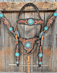 Two Tone Floral Triangle Turquoise and Clear Browband/One Ear - Triangle/Gladiator Breastcollar Tack Set 