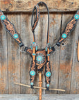 Two Tone Floral Triangle Turquoise and Clear Browband/One Ear - Triangle/Gladiator Breastcollar Tack Set 
