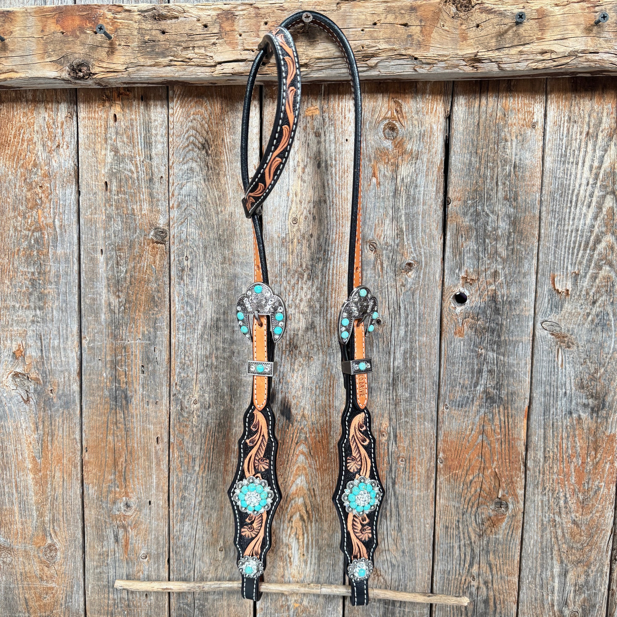 Two Tone Floral Triangle Turquoise and Clear Browband/One Ear - Triangle/Gladiator Breastcollar Tack Set 