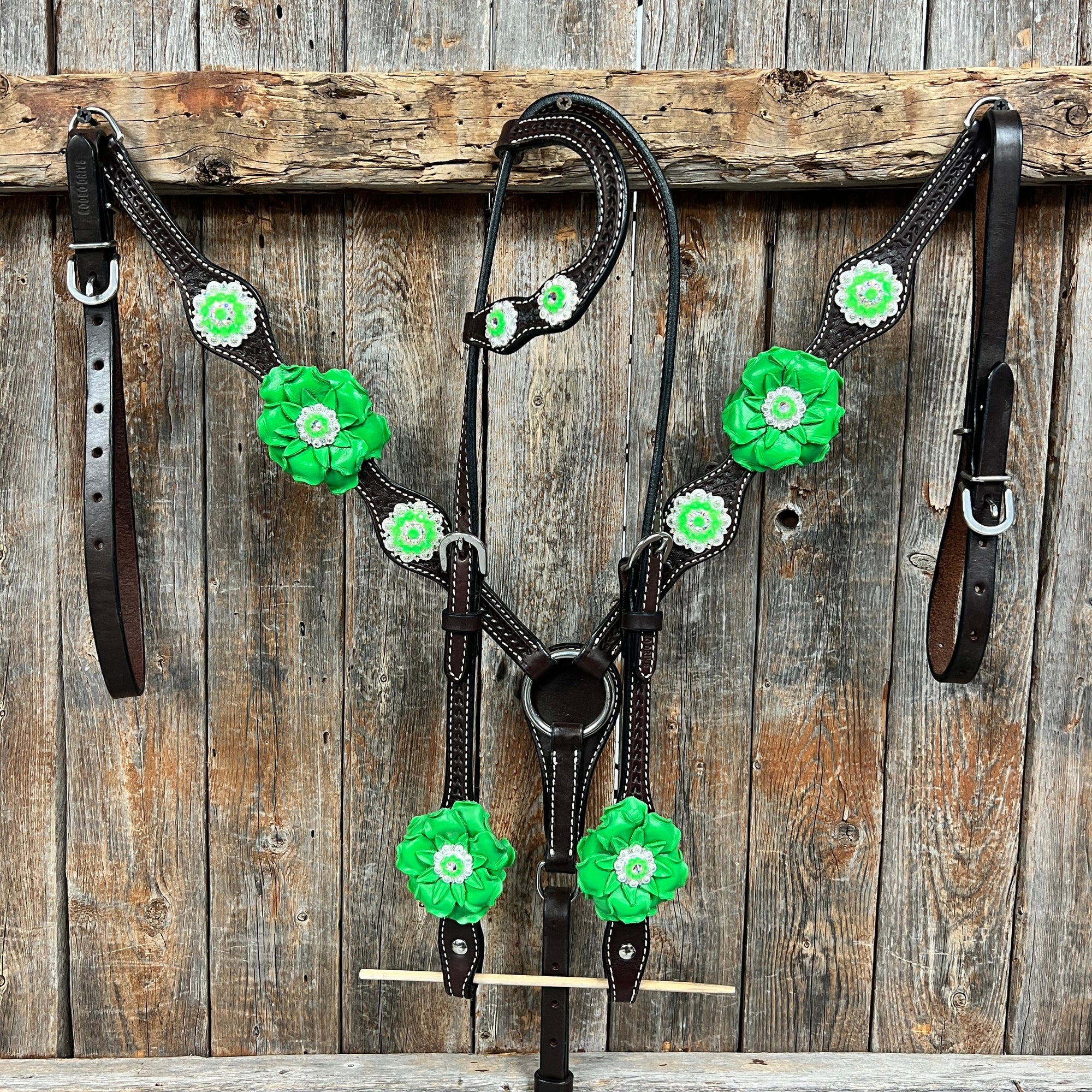 Dark Oil Basketweave Neon Green - AB Browband/One Ear Tack Set  