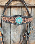 Two Tone Floral Triangle Turquoise and Clear Browband/One Ear - Triangle/Gladiator Breastcollar Tack Set 