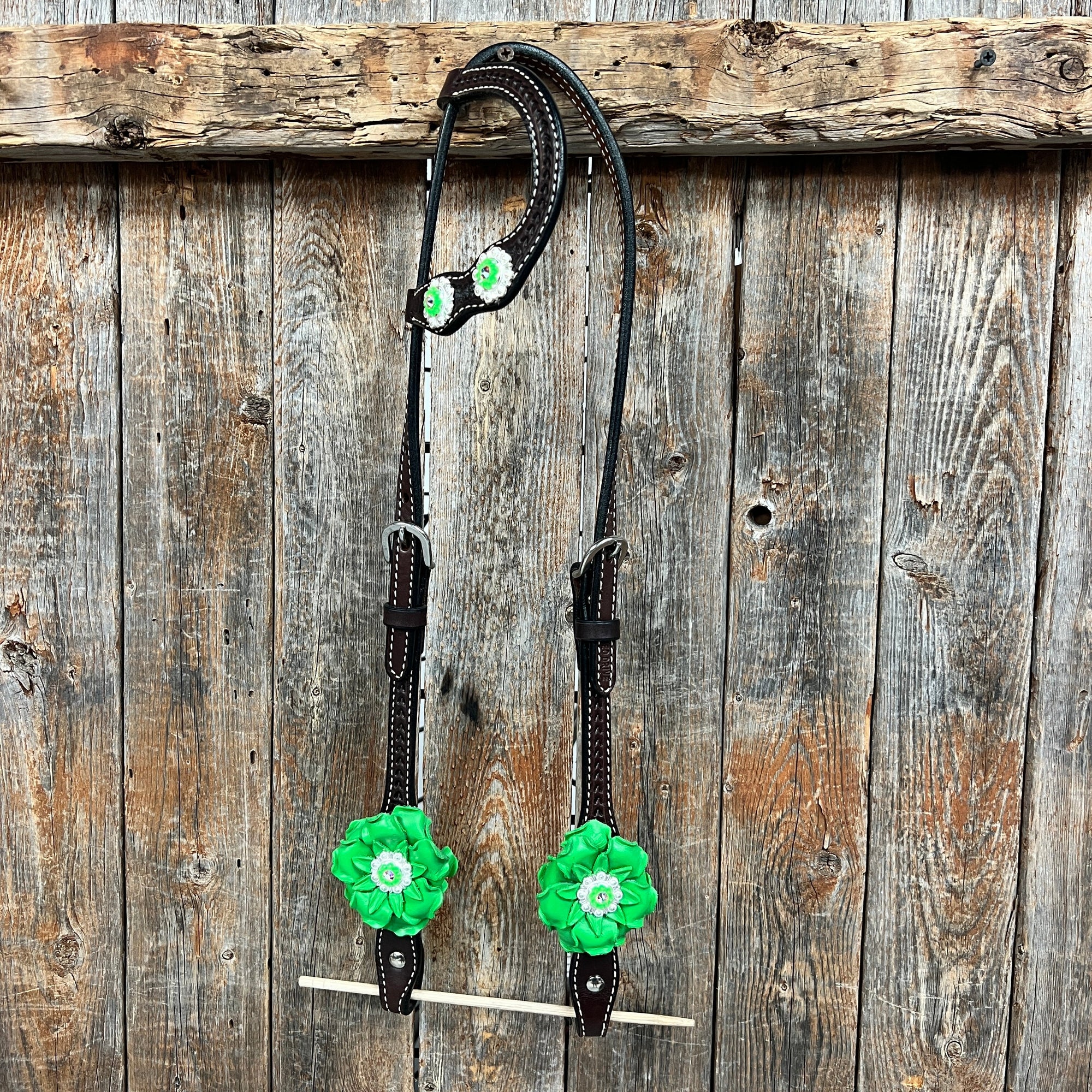 Dark Oil Basketweave Neon Green - AB Browband/One Ear Tack Set  