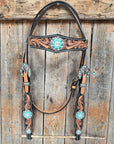 Two Tone Floral Triangle Turquoise and Clear Browband/One Ear - Triangle/Gladiator Breastcollar Tack Set 