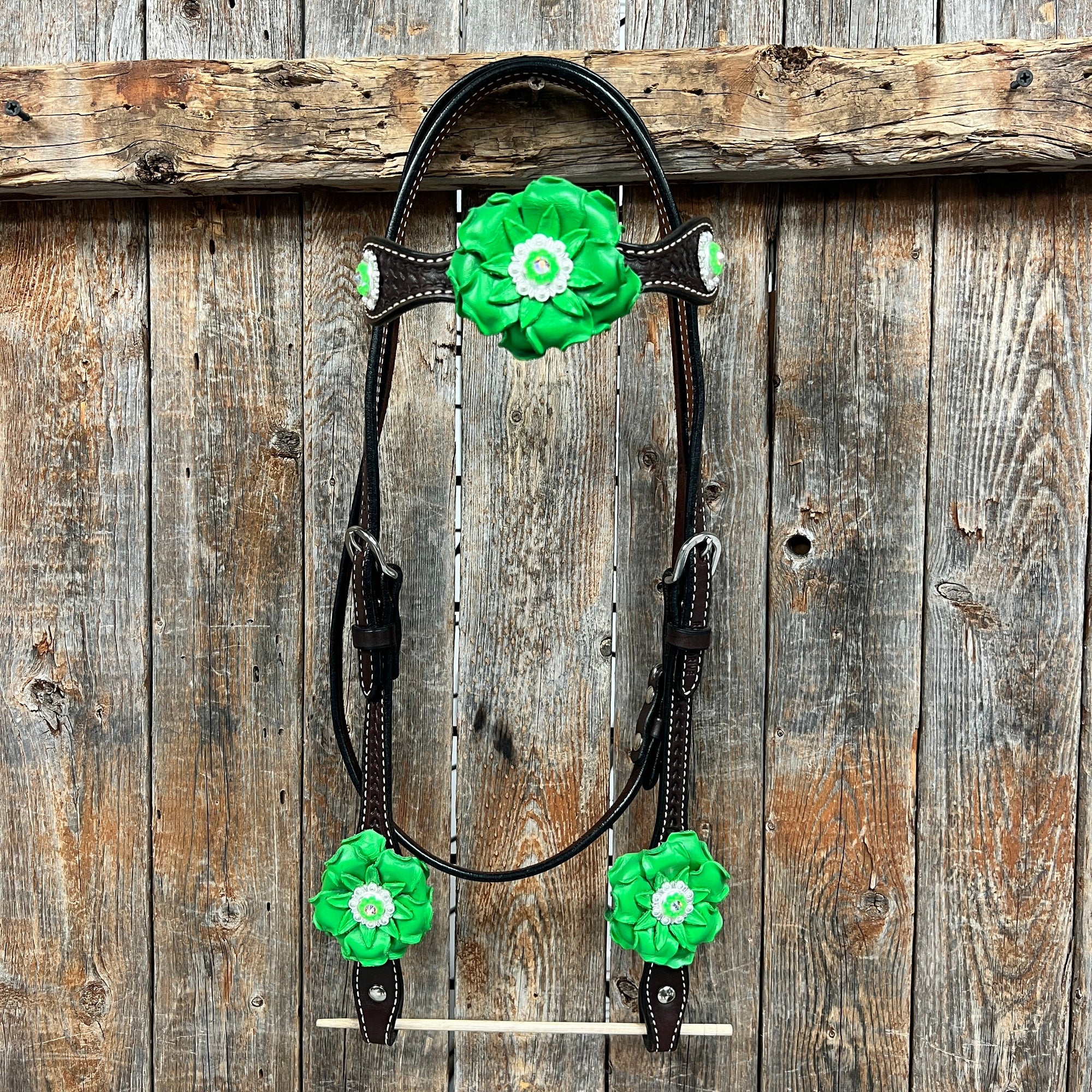 Dark Oil Basketweave Neon Green - AB Browband/One Ear Tack Set  