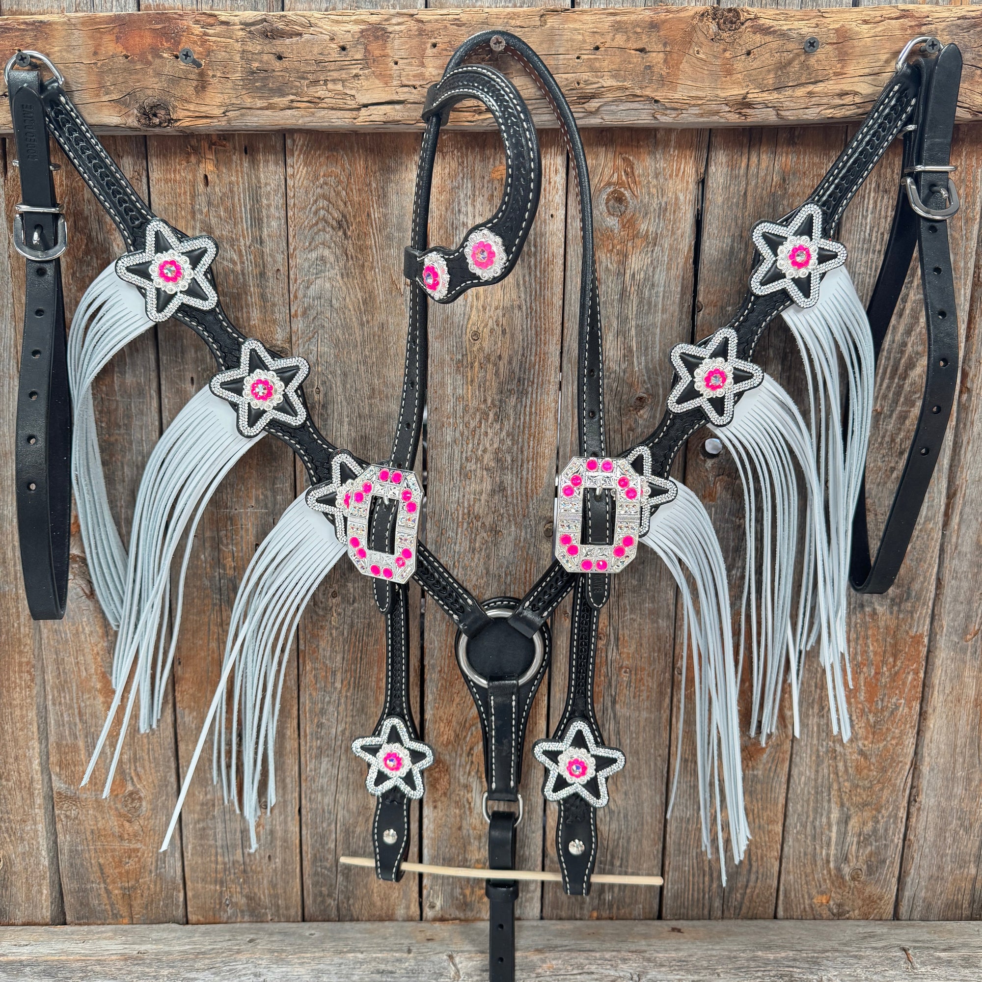 Black Basketweave Pink &amp; AB One Ear Tack Set  
