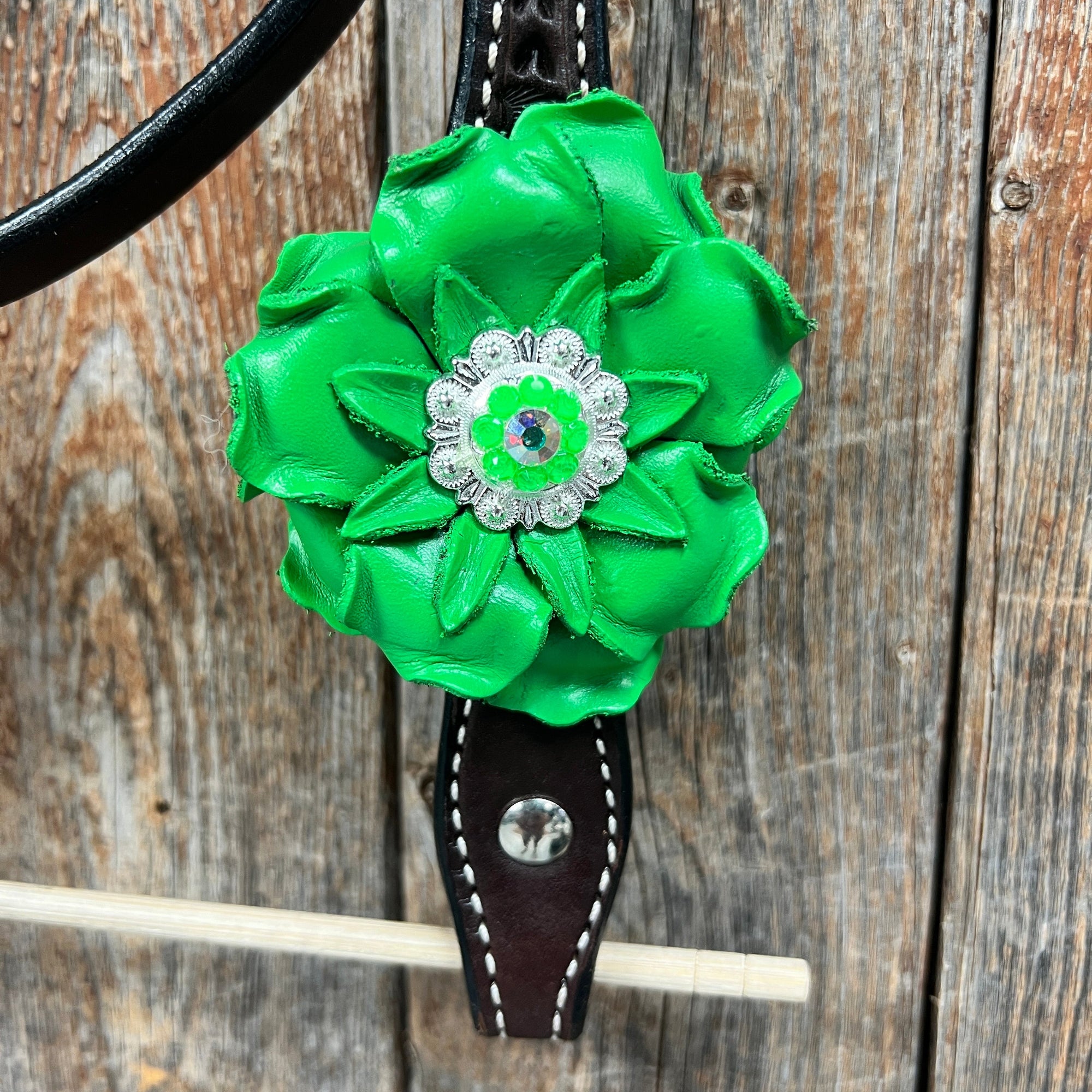 Dark Oil Basketweave Neon Green - AB Browband/One Ear Tack Set  