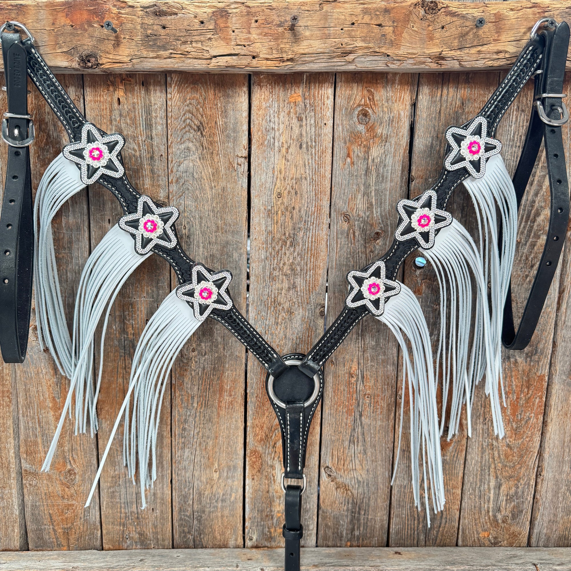 Black Basketweave Pink &amp; AB One Ear Tack Set  