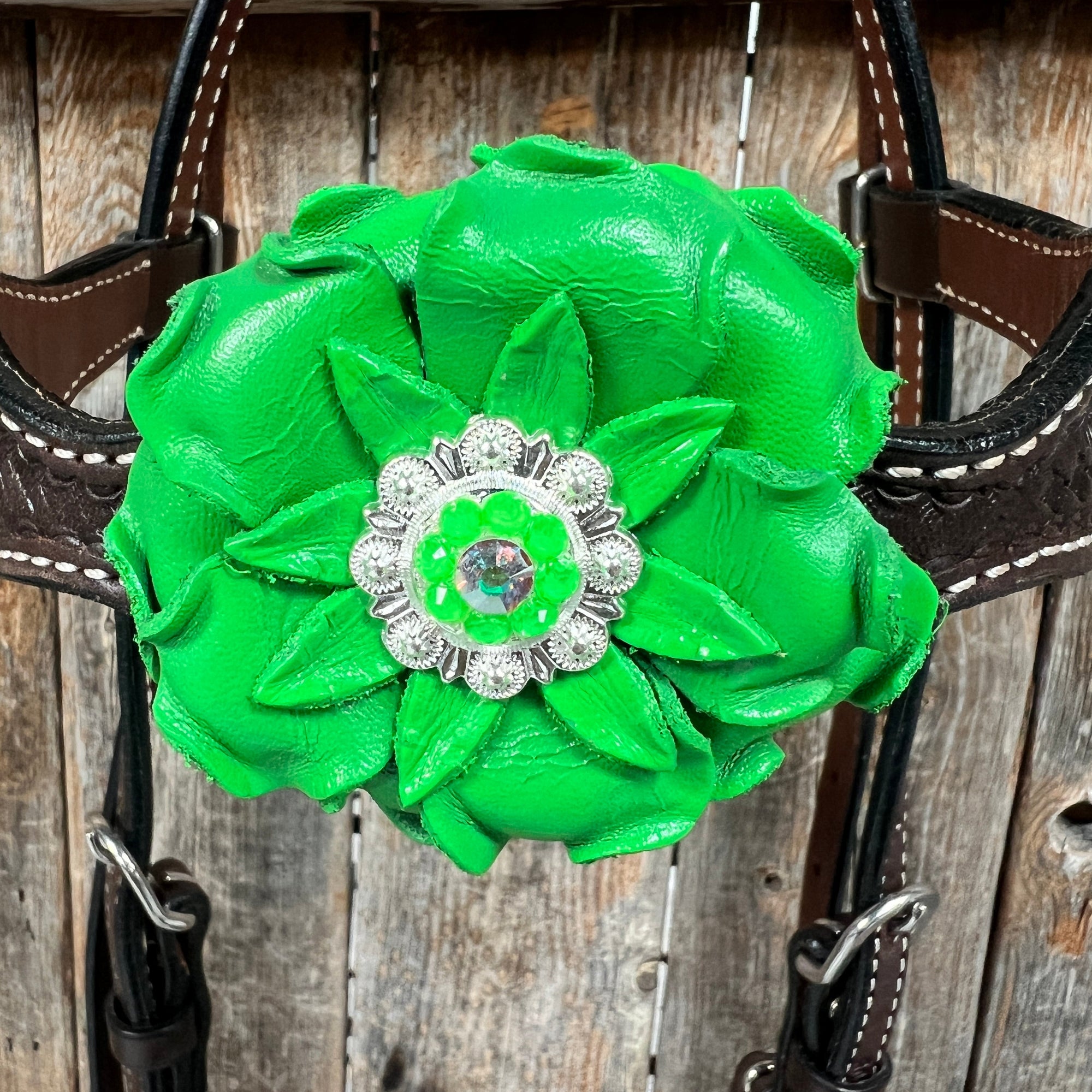 Dark Oil Basketweave Neon Green - AB Browband/One Ear Tack Set  