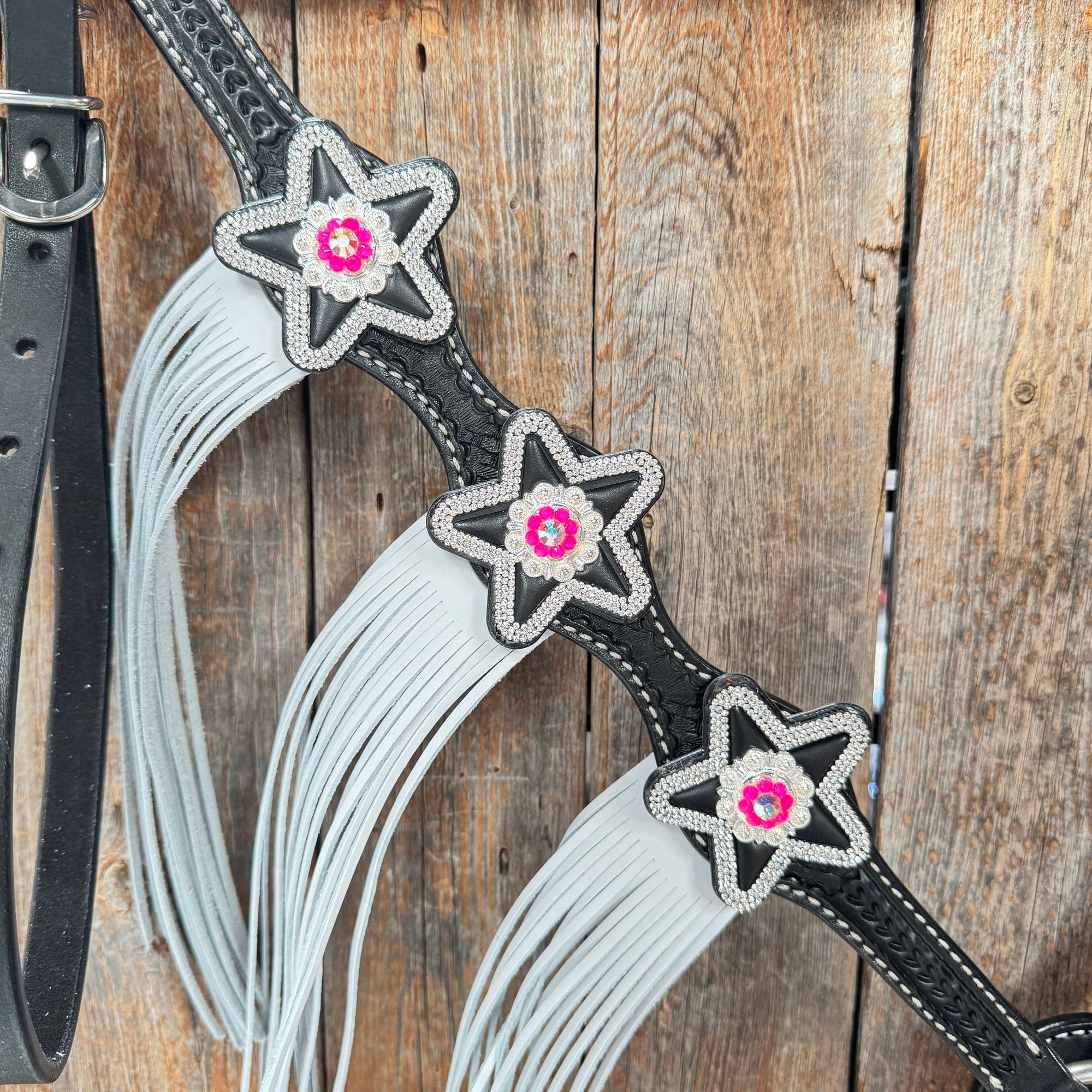 Black Basketweave Pink &amp; AB One Ear Tack Set  