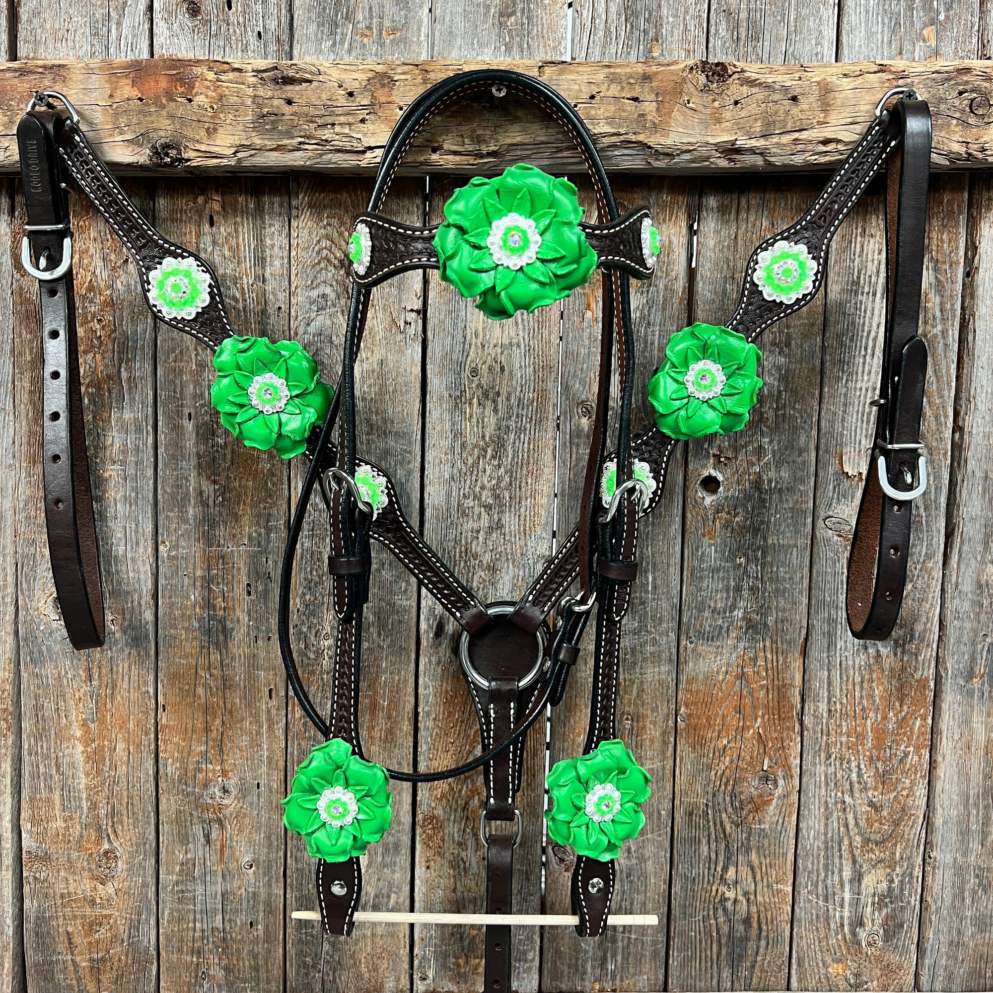 Dark Oil Basketweave Neon Green - AB Browband/One Ear Tack Set  