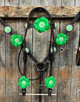 Dark Oil Basketweave Neon Green - AB Browband/One Ear Tack Set  