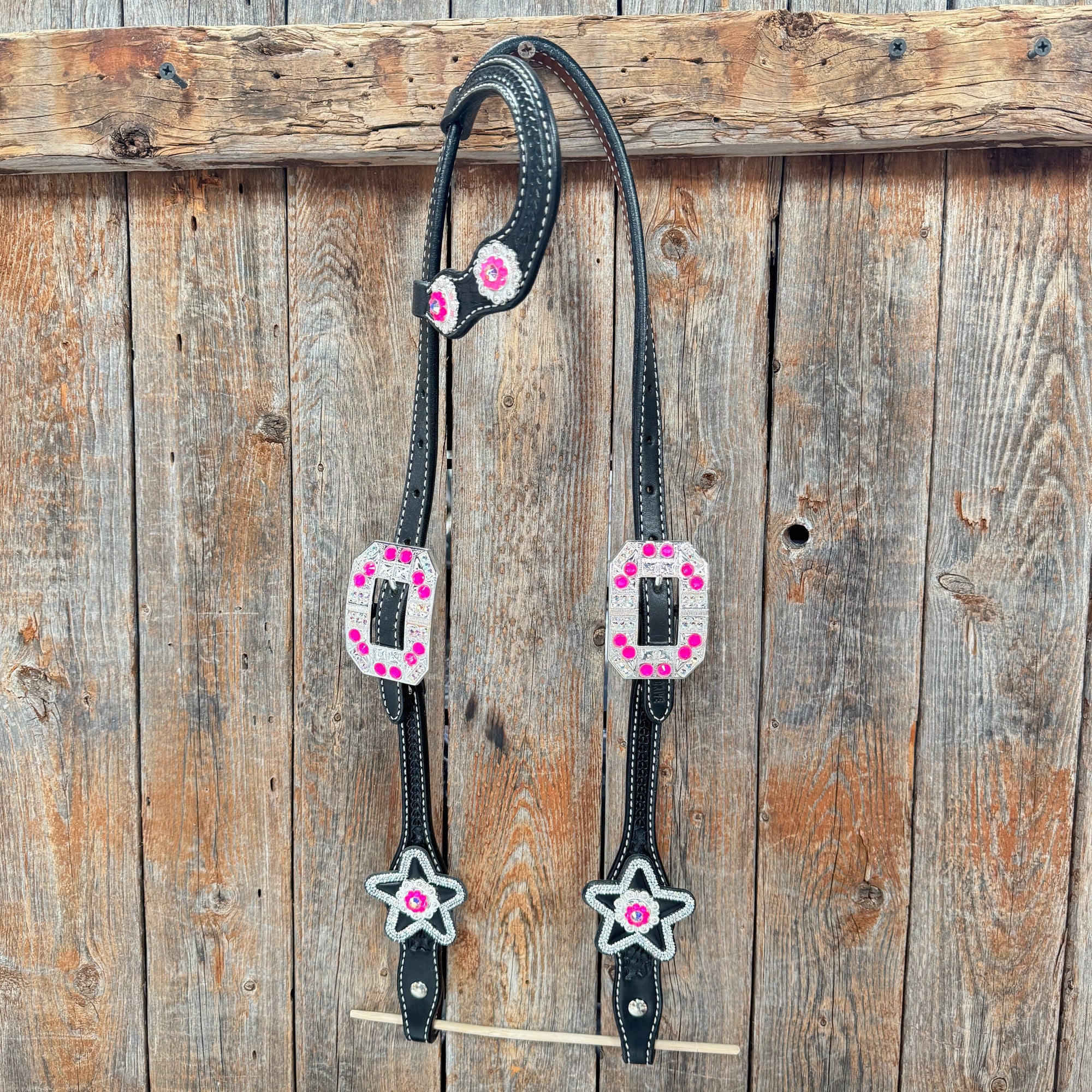 Black Basketweave Pink &amp; AB One Ear Tack Set  