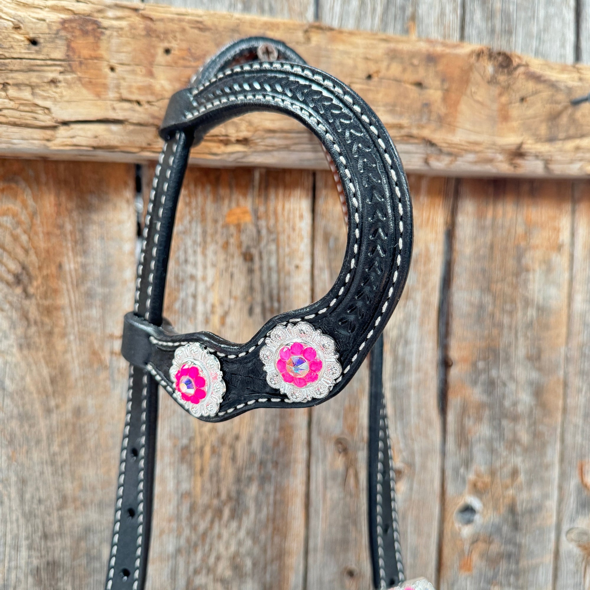 Black Basketweave Pink &amp; AB One Ear Tack Set  